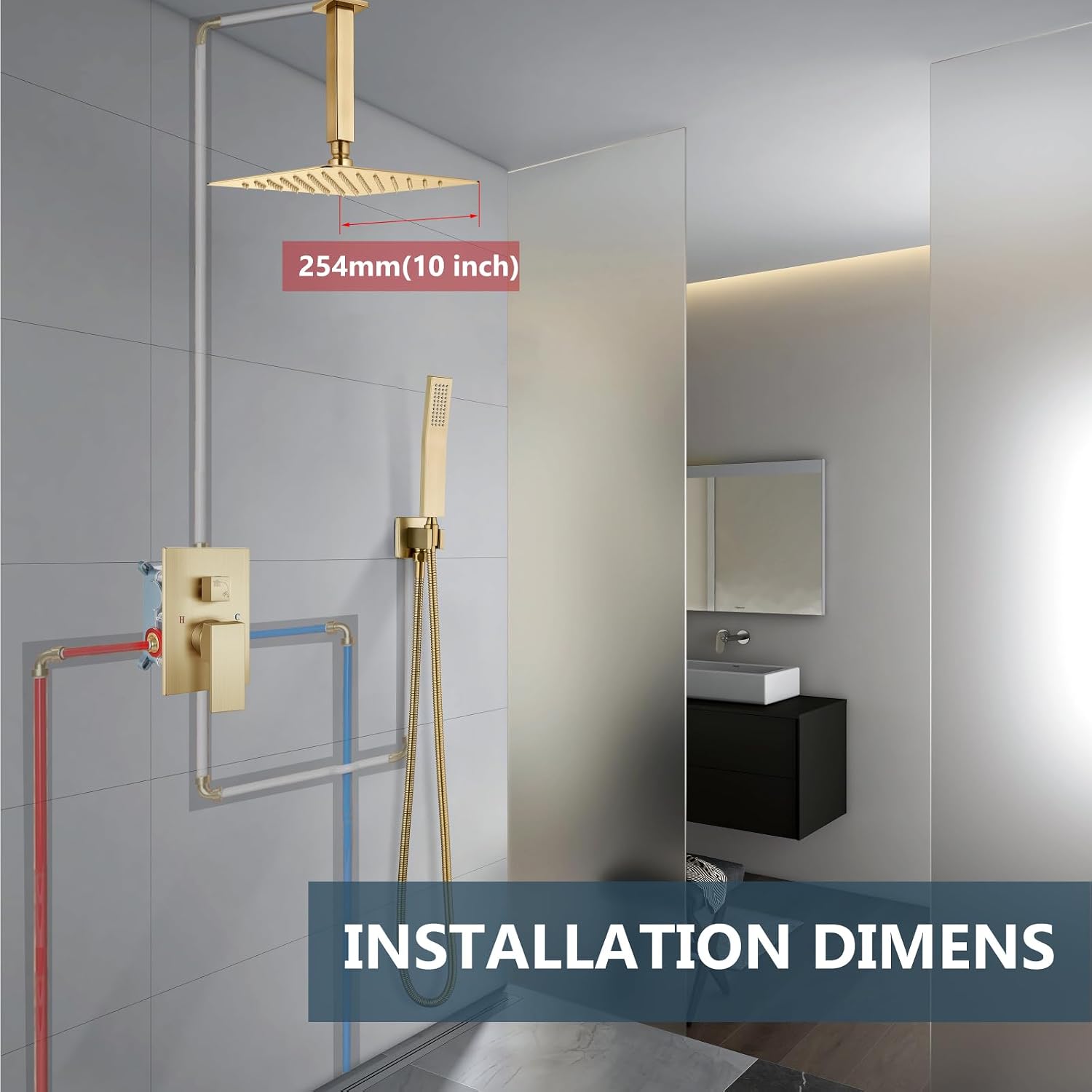 Aolemi Ceiling Mount Shower System Rain Shower Head with Handheld Spray High Pressure Shower Faucet Set Rough-in Valve Shower Trim Kit Included Bathroom Brushed Gold 10 Inch Ceiling Shower Head