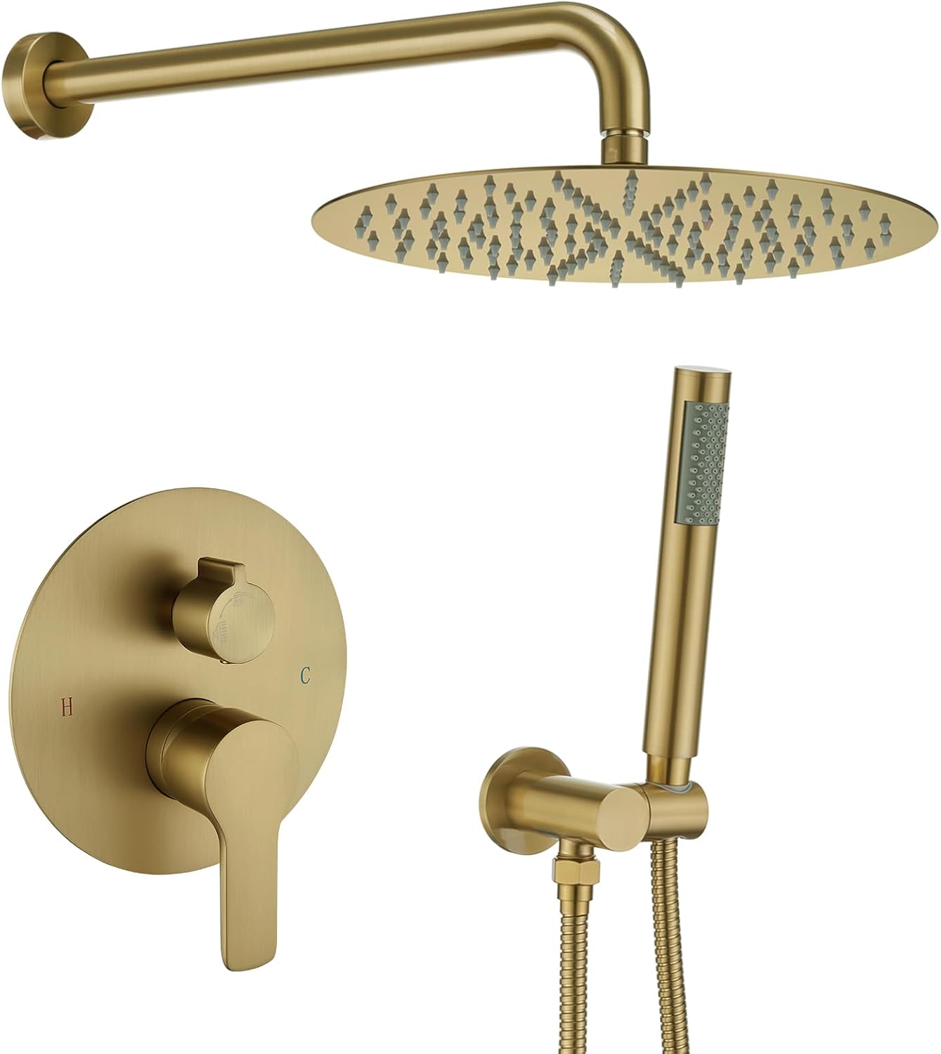 Iriber Brushed Gold Shower System Wall Mounted Shower Faucet Mixer Set with 10 Inches Rain Shower head and Handheld, Bathroom Shower Trim Kit Contain Pressure Balance Valve Cartridge