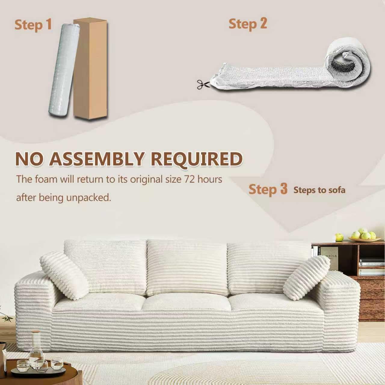104.3' Modular Sectional Cloud Couch, Boneless Couches for Living Room, 3 Seater Modern Lounge Couch, No Assembly Required, Cream