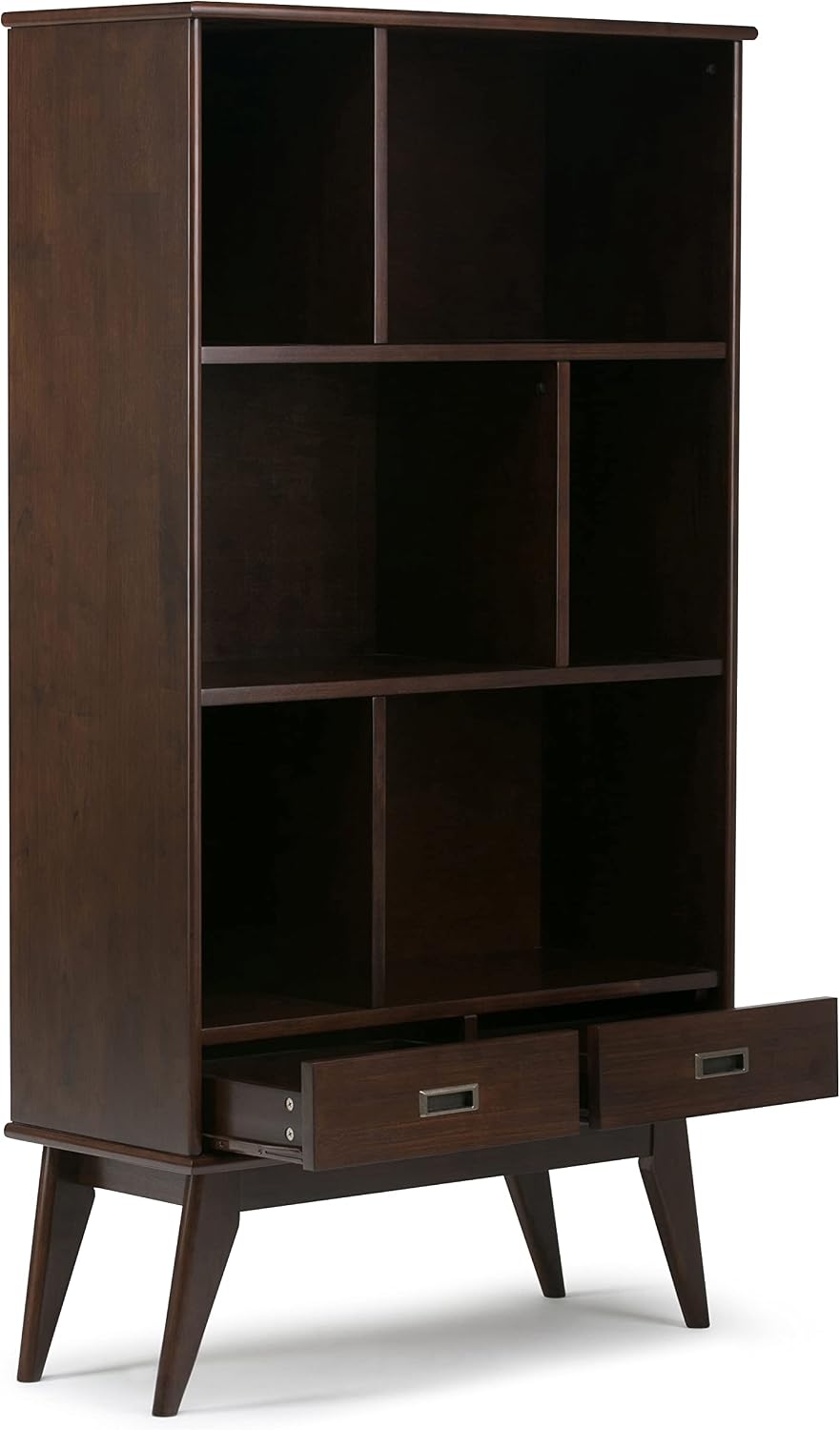 SIMPLIHOME Draper Bookcase - 64 inch Tall Solid Wood Wide Storage Bookshelf in Medium Auburn Brown, Mid-Century Modern Storage for Living Room or Office with Adjustable Shelves and Tapered Legs