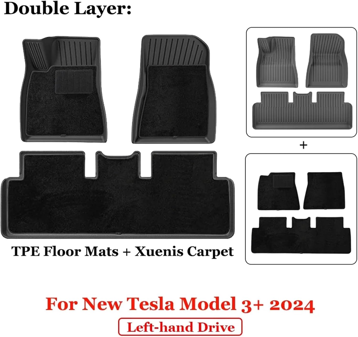 for 2024 2025 Tesla Model 3 Highland Floor Mats TPE All Weather Front Rear Cargo Liner Mat Waterproof Anti-Slip Accessories(2024 M3D FM LHD)