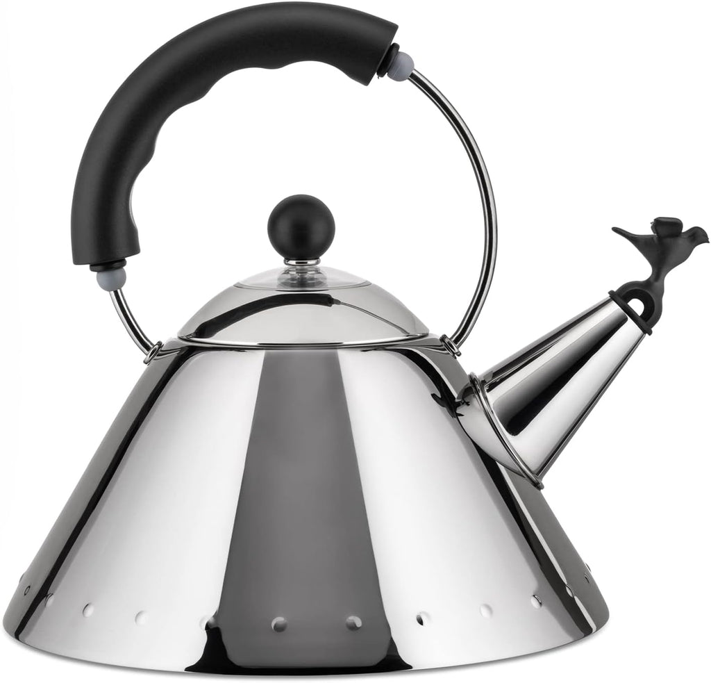 Alessi 9093 B - Design Kettle with Handle and Bird-Shaped Whistle, Stainless Steel and PA, Black