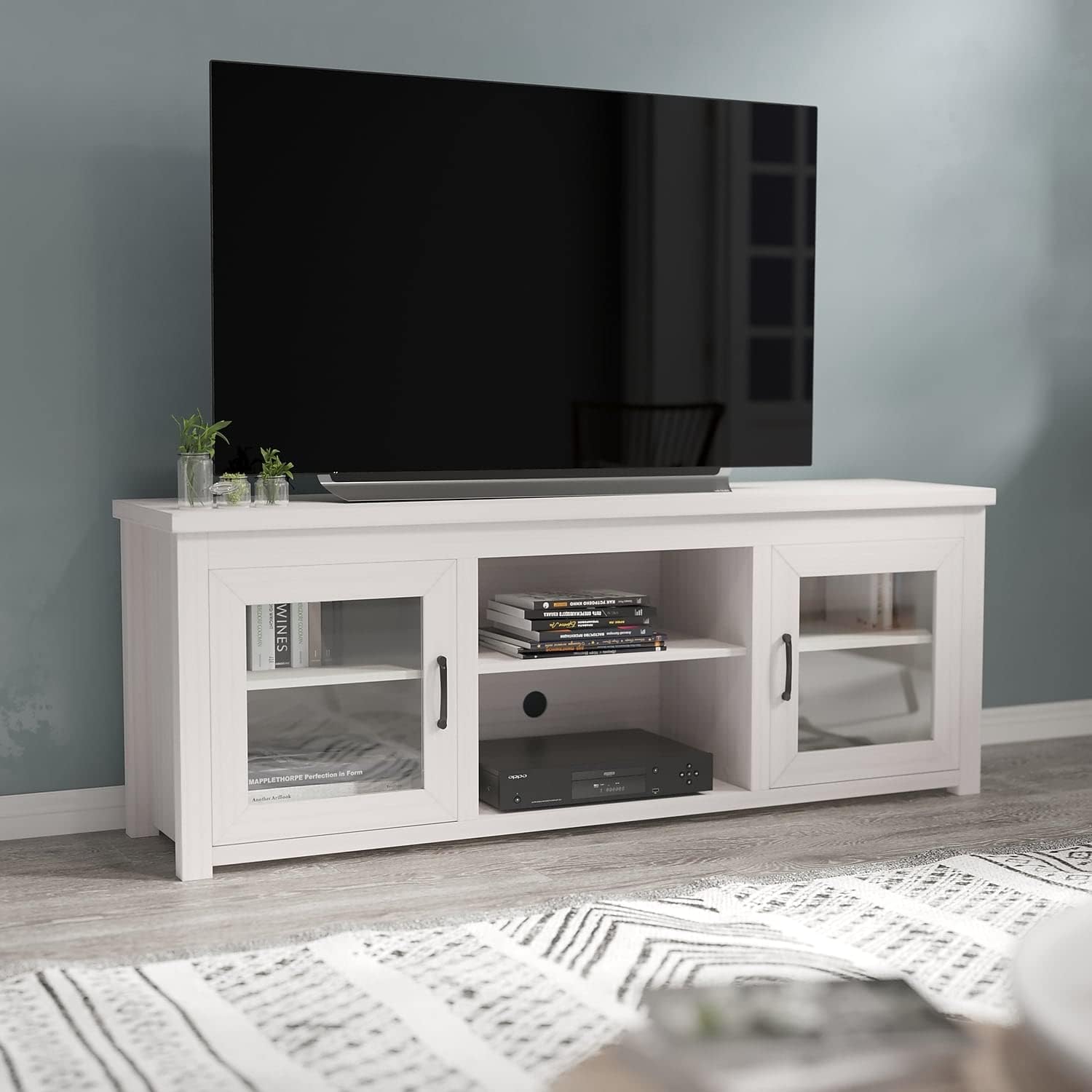 Flash Furniture Sheffield Engineered Wood TV Stand for 80' TVs, Media Console/TV Cabinet with 3 Adjustable Shelves and Glass Doors, White Wash Finish