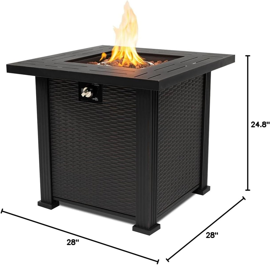 28'' Propane Fire Pit Table, 50,000 BTU Fire Table with Steel Lid, Big Legs, Laval Rocks.
