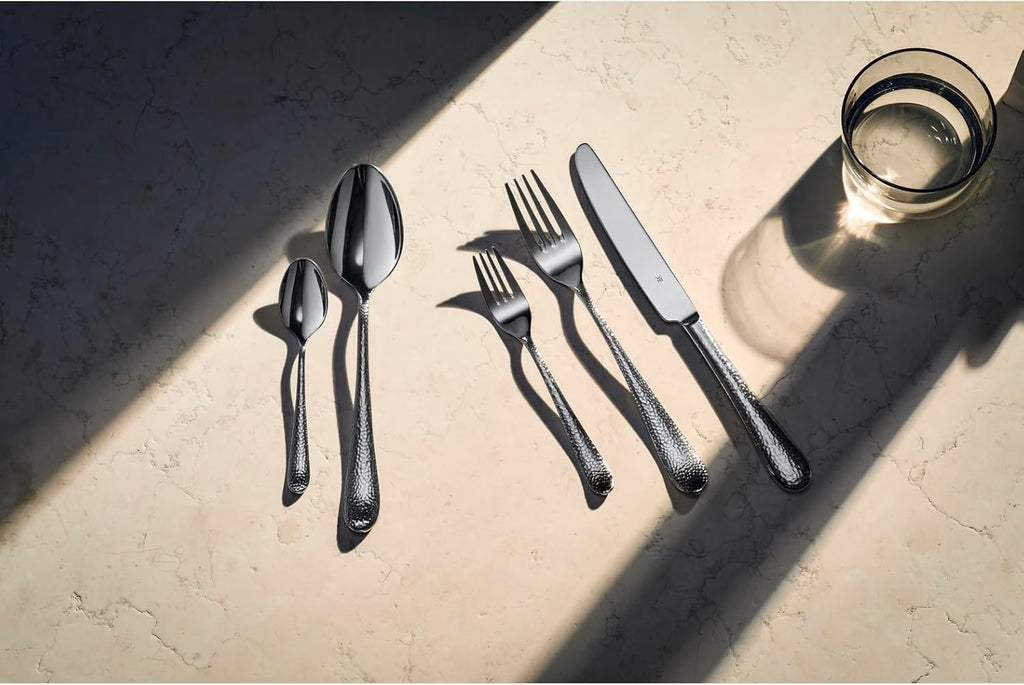 WMF Sitello Cutlery Set for 6 People, Cromargan, 30-Piece Monobloc Knife, Cromargan Polished Stainless Steel, Hammer Strike, Ergonomic, Shiny, Dishwasher Safe, Silver