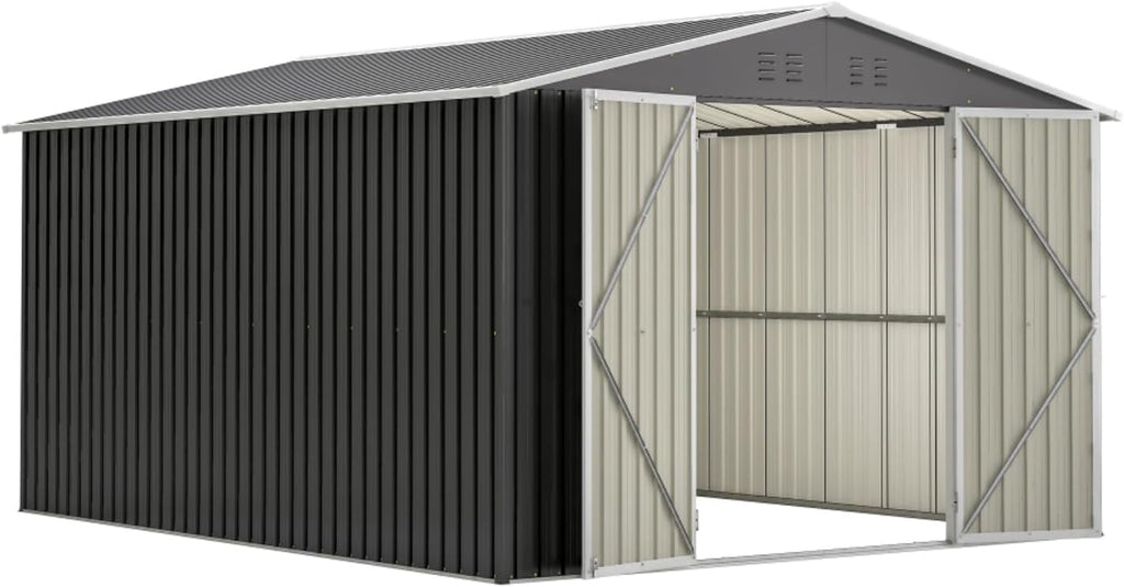 Outdoor Storage Shed 10x12 FT, Metal Tool Shed with Lockable Doors & Reinforced Frame, Large Waterproof Garden Shed for Backyard, Lawn Mower, Patio Furniture - Includes Padlock & Gloves, Black