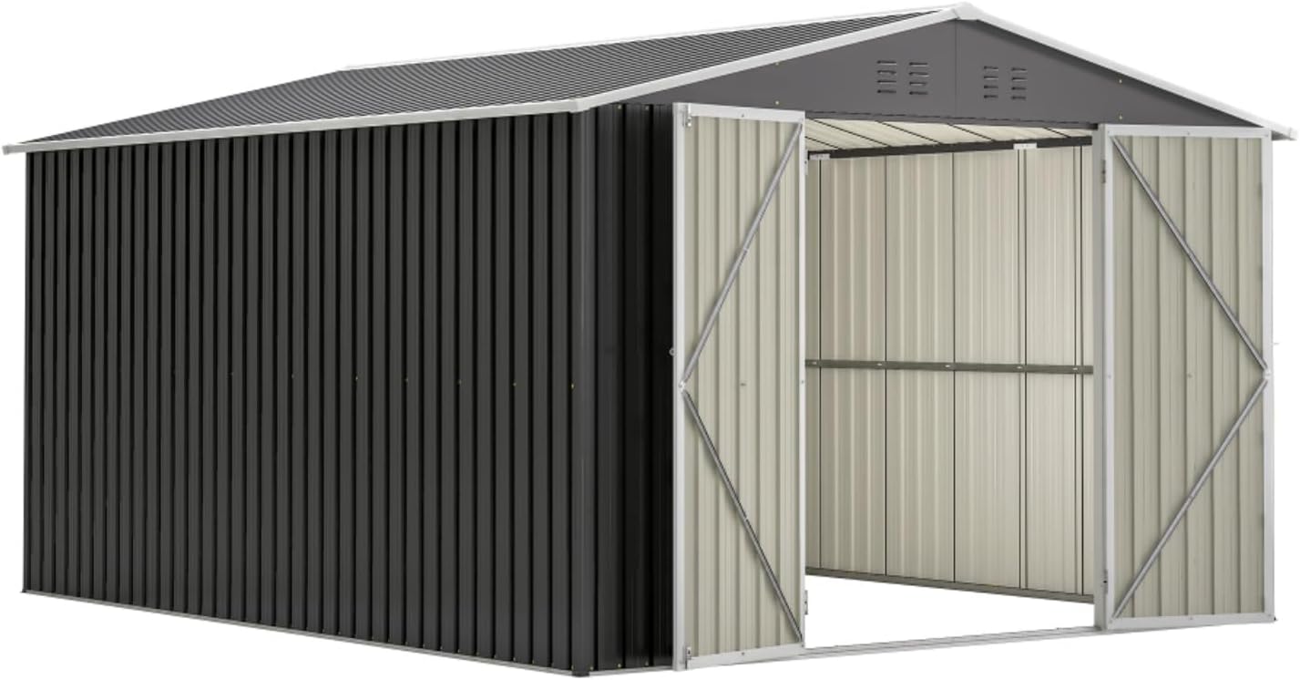 Outdoor Storage Shed 10x12 FT, Metal Tool Shed with Lockable Doors & Reinforced Frame, Large Waterproof Garden Shed for Backyard, Lawn Mower, Patio Furniture - Includes Padlock & Gloves, Black