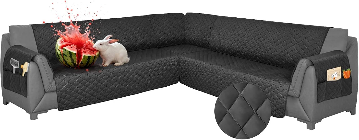 Waterproof Sectional Couch Covers L Shape Sectional Sofa Covers for Pets Washable Non-Slip 6PCS U Shaped Sofa Slipcovers Dog Couch Cover Corner Furniture Protector (Large, Black)