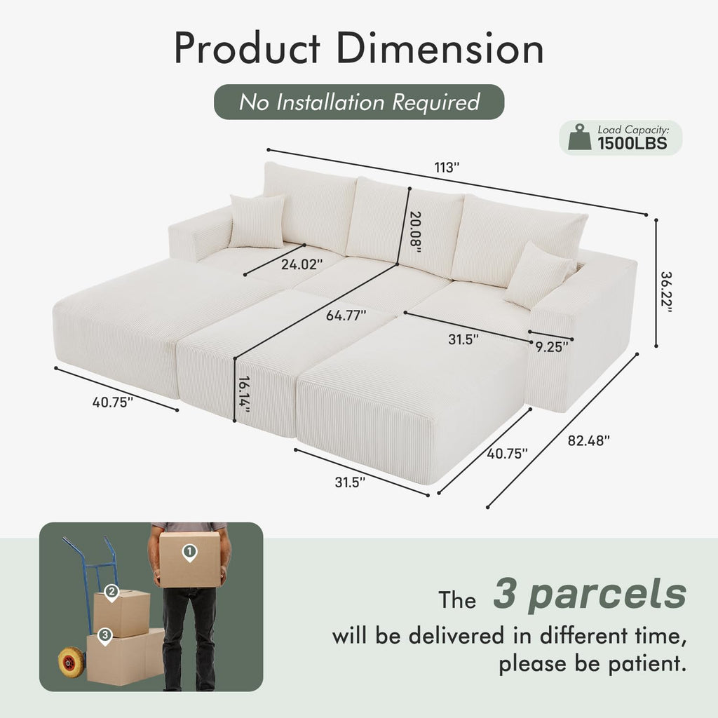 Gericco 113' Modular Sectional Couch, Cloud Boneless Sofa with Deep Seats, Upholstered Corduroy Sofa Bed with Loung Chaise, 3-Seater Couches for Living Room, No Assembly Required, Beige