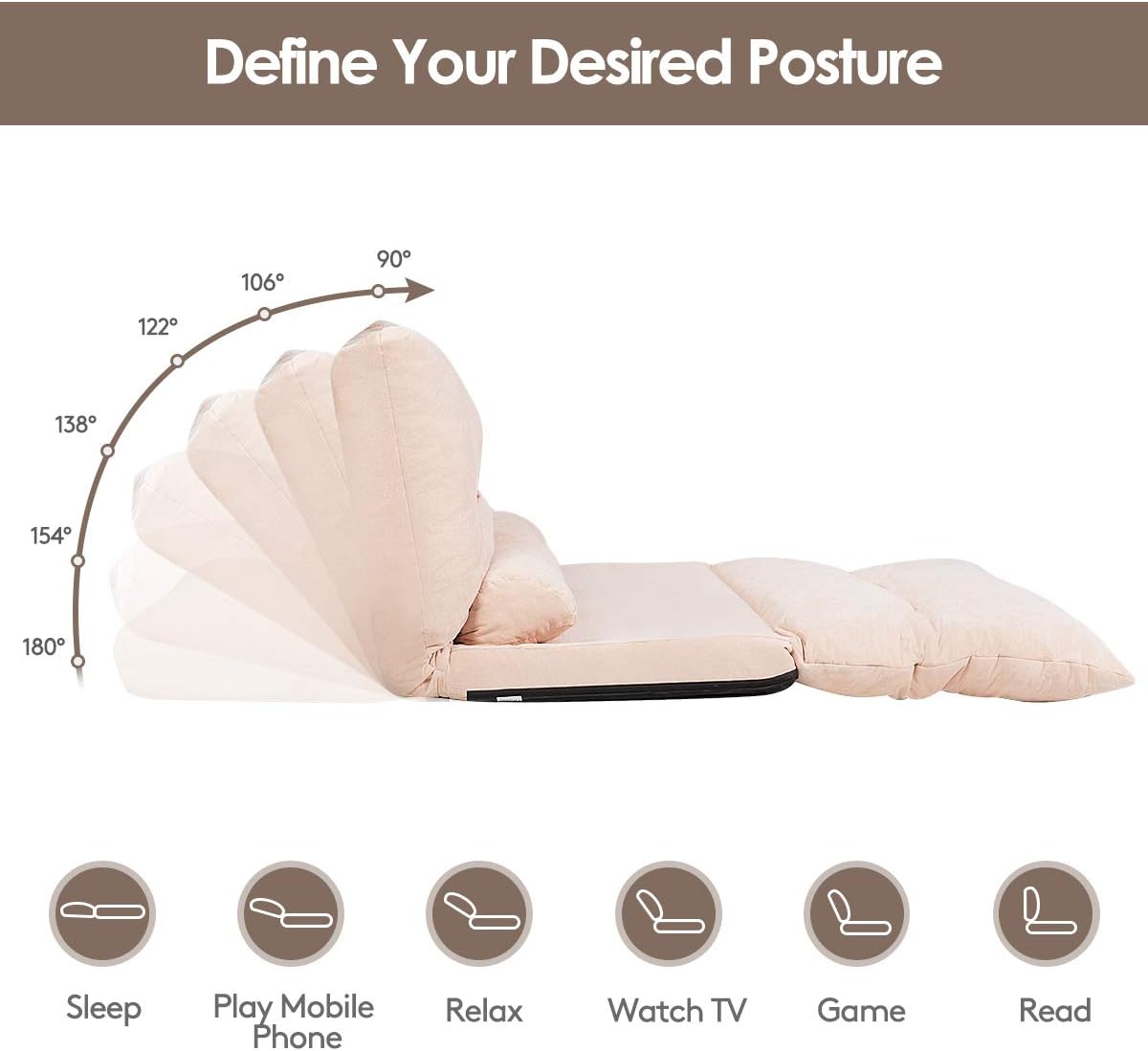Giantex Adjustable Floor Sofa Couch with 2 Pillows, Multi-Functional 6-Position Foldable Lazy Sofa Sleeper Bed, Multi-Functional Suede Floor Seating for Reading Gaming (Beige)