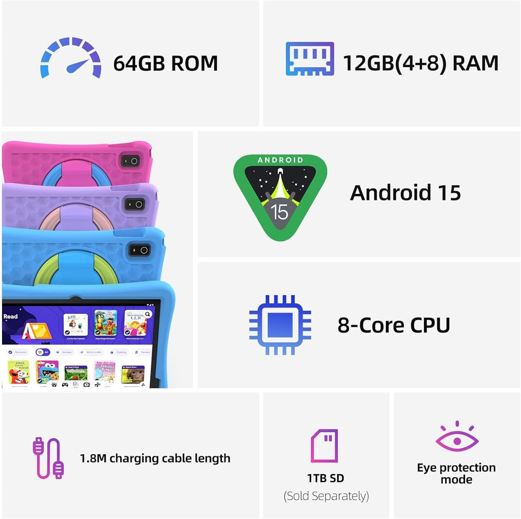 plimpton Kids Tablet 10 Inch - Upgraded Android 15 Tablet for Kids with Case Included, Octa-Core, Google Kids Space, Parental Control, 4GB+64GB, WiFi, BT5.3, YouTube, Great Gift for Toddler (Pink)