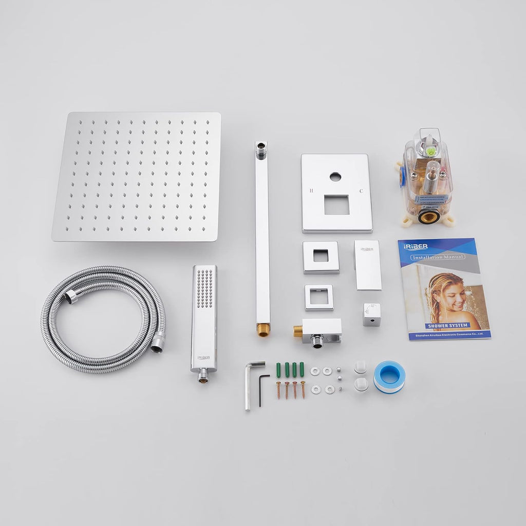 Iriber Chrome Shower System 10 Inch High Pressure Rainfall Shower Head and Shower Faucet Combo Set