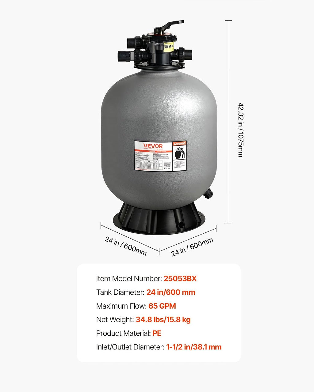 VEVOR Sand Filter, 24-Inch, 65 GPM Above Inground Swimming Pool Sand Filter System, with 7-Way Multi-Port Valve, Backwash, Rinse, Recirculate, Waste, Winter, Closed Modes, for Above In Ground Pools