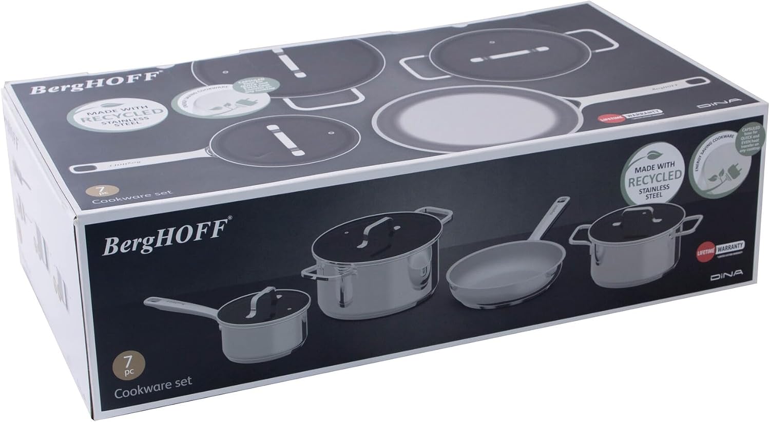 BergHOFF Helix set of 7 Cookware Set With Glass Lids Recycled 18/10 Stainless Steel Induction Pots and Pans Scratch-resistant Oven Safe