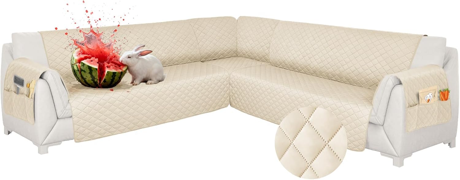 Waterproof Sectional Couch Covers L Shape Sectional Sofa Covers for Pets Washable Non-Slip 6PCS U Shaped Sofa Slipcovers Dog Couch Cover Corner Furniture Protector (Small, Beige)