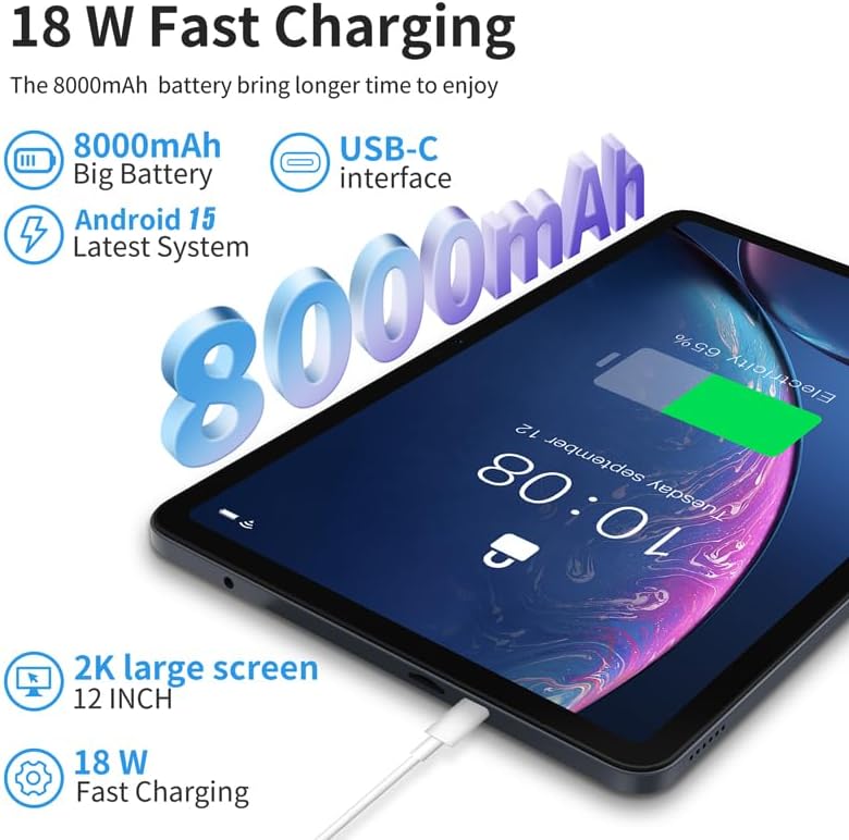 redbeat Tablet 12', 2026 Android 15 Gaming Tablet with Keyboard Pen Case, 36(12+24) RAM 256GB ROM, 2K IPS Display, 13MP Camera, 8-Core, 5G WiFi & Bluetooth 5.0, 8000mAh Battery, 18W Fast Charging