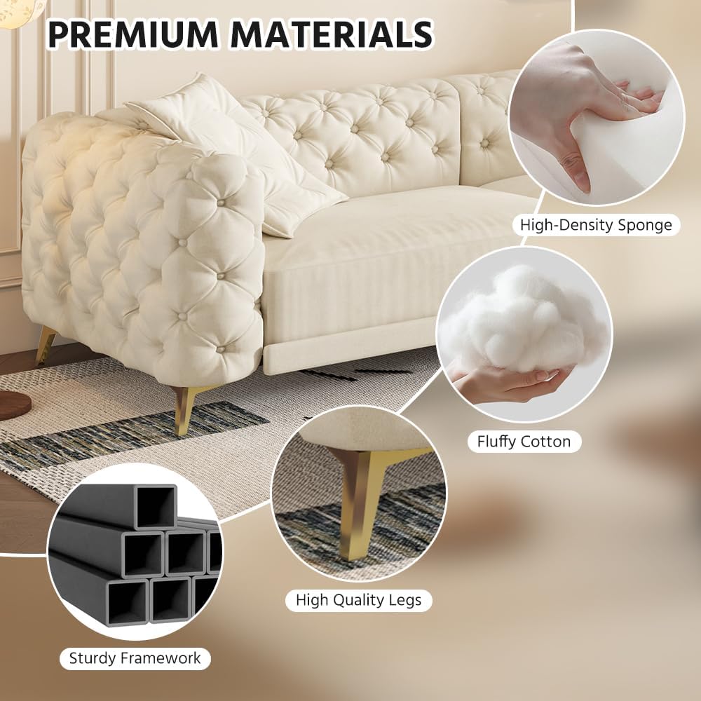 97.7' King Size Sleeper Sofa Bed, 3-in-1 Convertible Pull Out Chesterfield Sleeper Couch with Ottoman, Oversized Velvet Button Tufted L Shaped Sofa for Living Room Small Spaces, Beige White