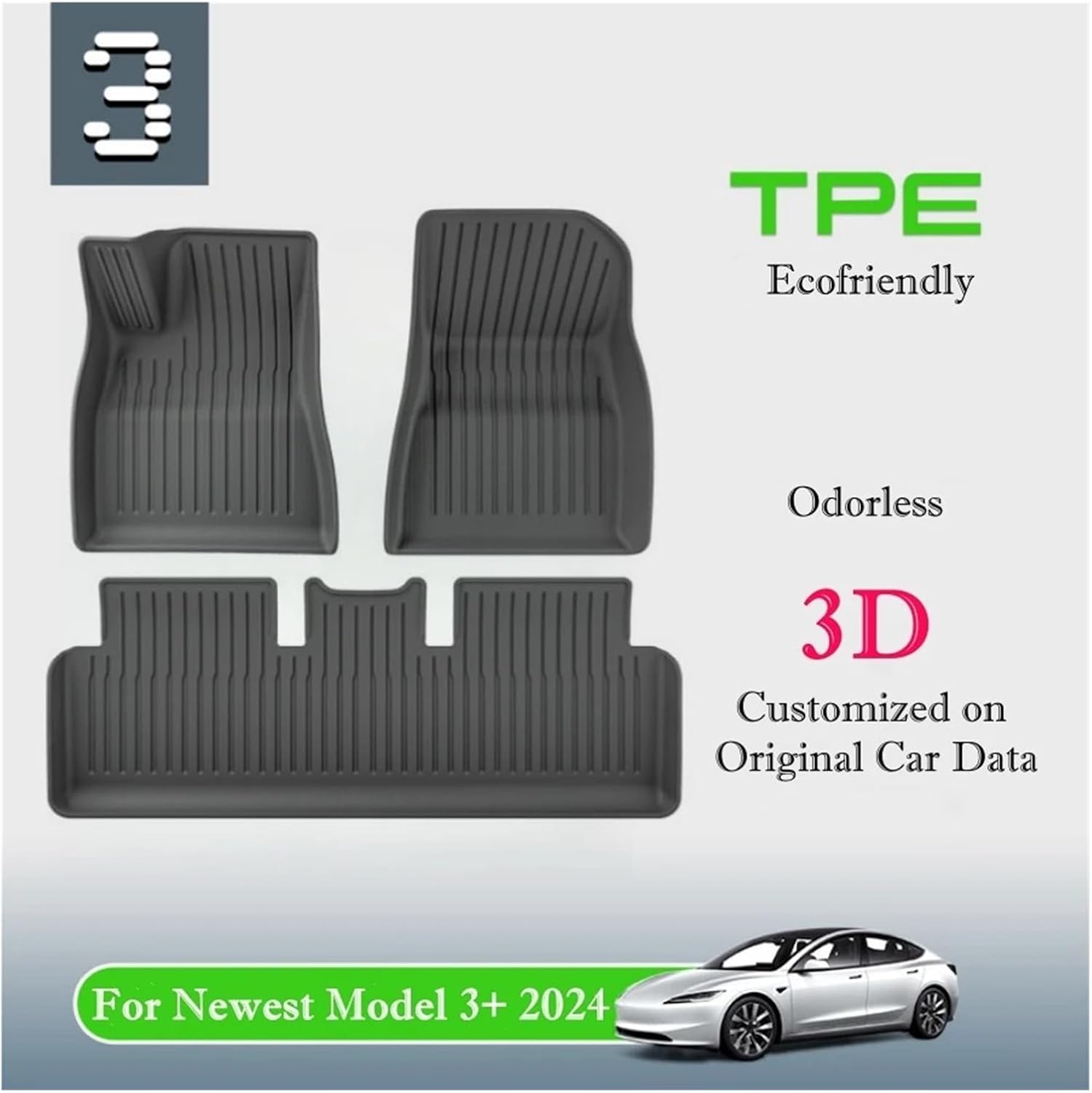 TPE 2024 2025 Compatible with Tesla Model 3 Highland Floor Mats All Weather Front Rear Cargo Liner Mat Waterproof Anti-Slip Mats Accessories(6pcs LHD)
