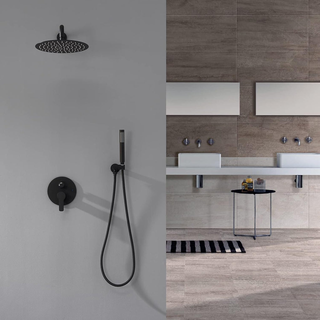 Iriber Matte black Shower System Wall Mounted Shower Faucet Mixer Set with 12 Inches Rain Shower head and Handheld, Bathroom Shower Trim Kit Contain Pressure Balance Valve