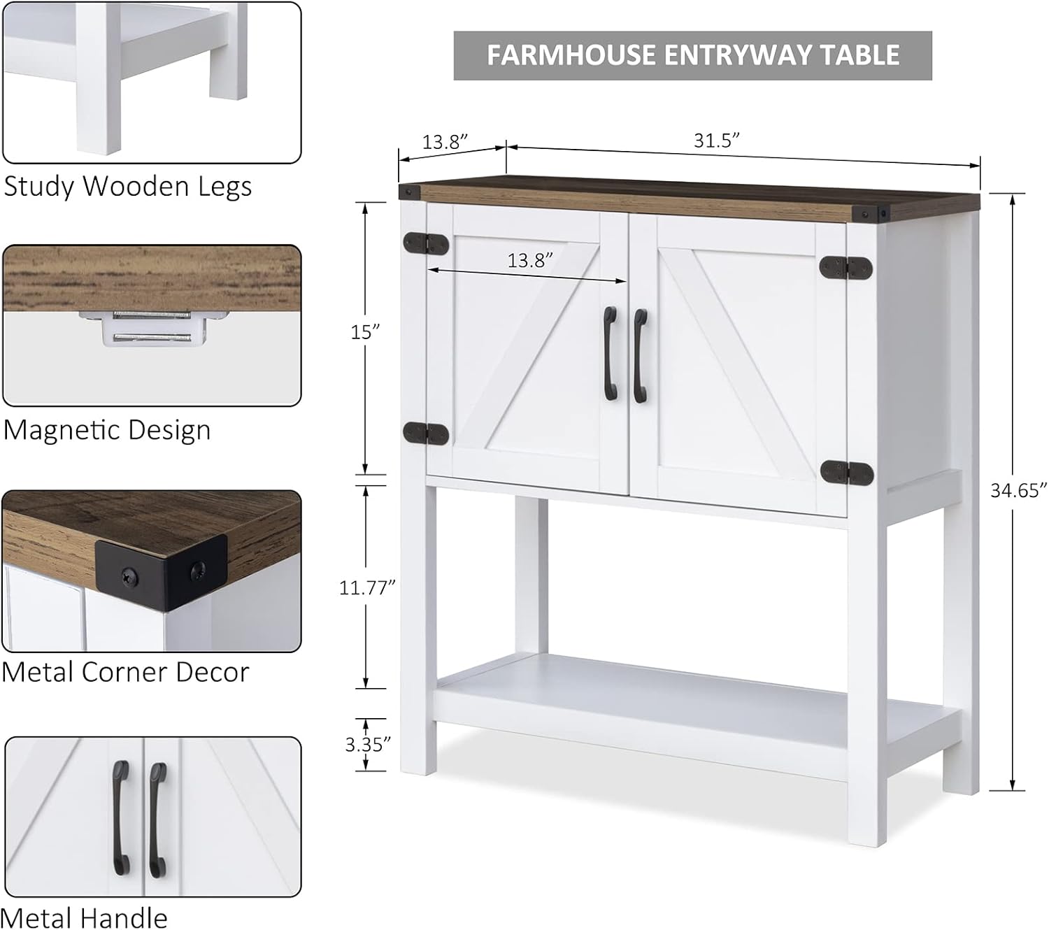 Mufico Console Table Coffee Bar Cabinet Sofa Table,31.5 L x 13.8 D x 34.65 H,Entryway Table with 2 Storage Cabinets, Farmhouse Buffet Sideboard for Kitchen, Foyer,Hallway (White)