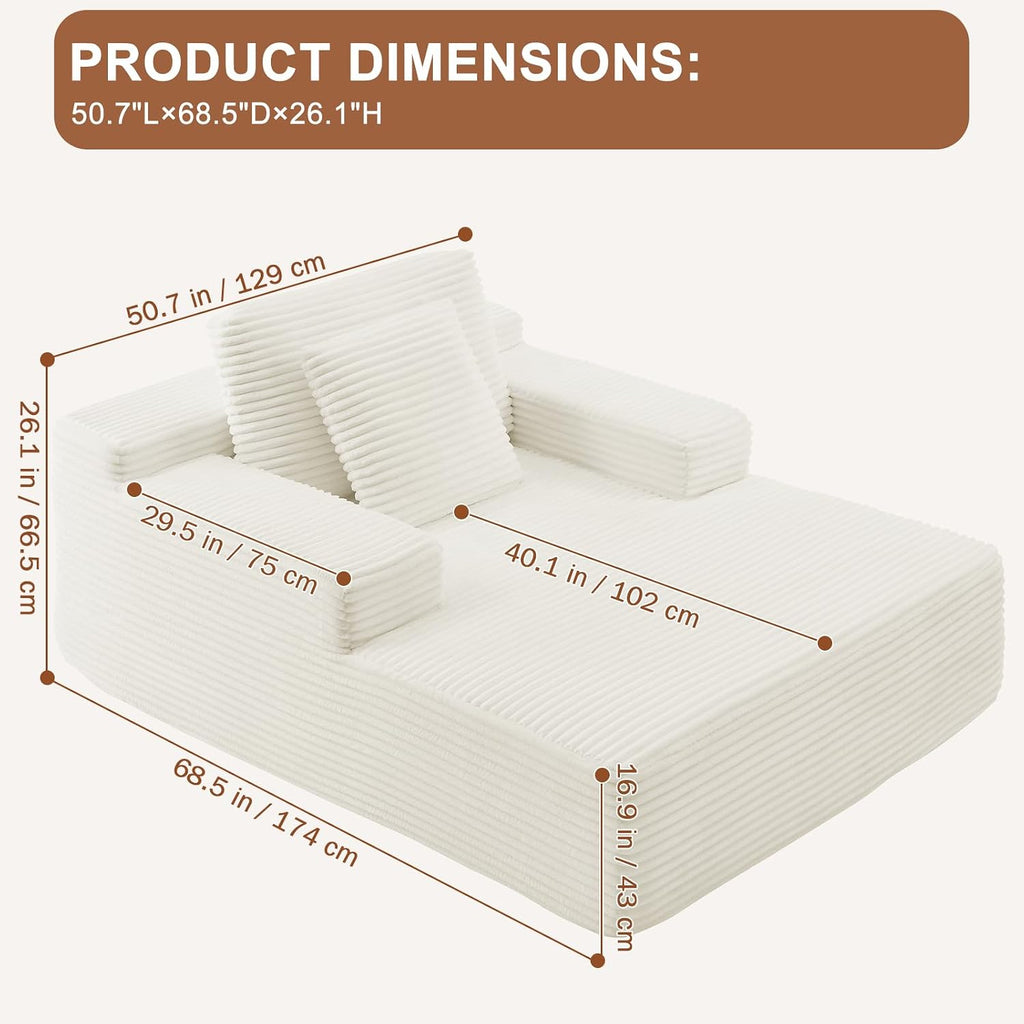 67.5 Inch Oversized Indoor Chaise Lounge, Sofa Bed, Living Room Sofa, Corduroy Sofa, Couches for Living Room, Deep Seat Sleeper Couch Reading Chairs (White)