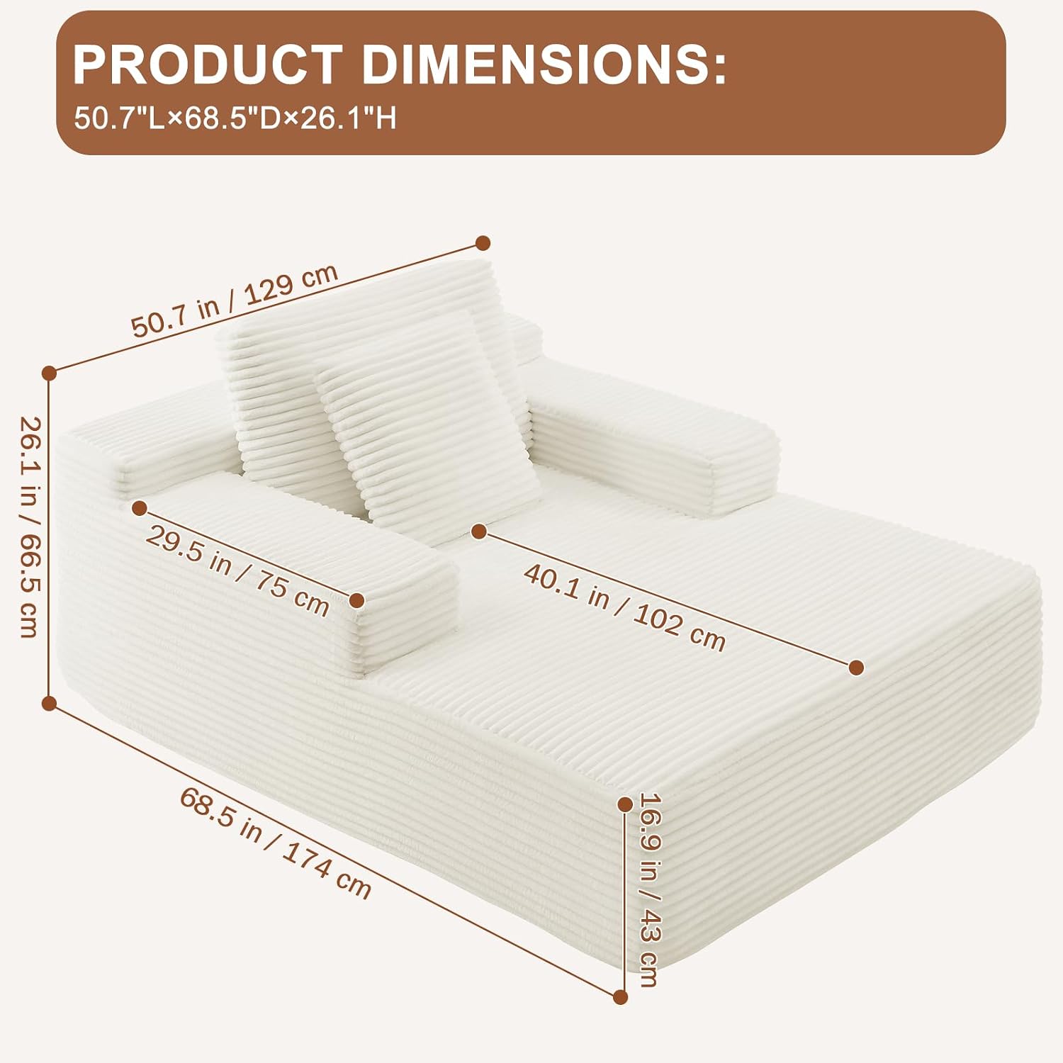 67.5 Inch Oversized Indoor Chaise Lounge, Sofa Bed, Living Room Sofa, Corduroy Sofa, Couches for Living Room, Deep Seat Sleeper Couch Reading Chairs (White)