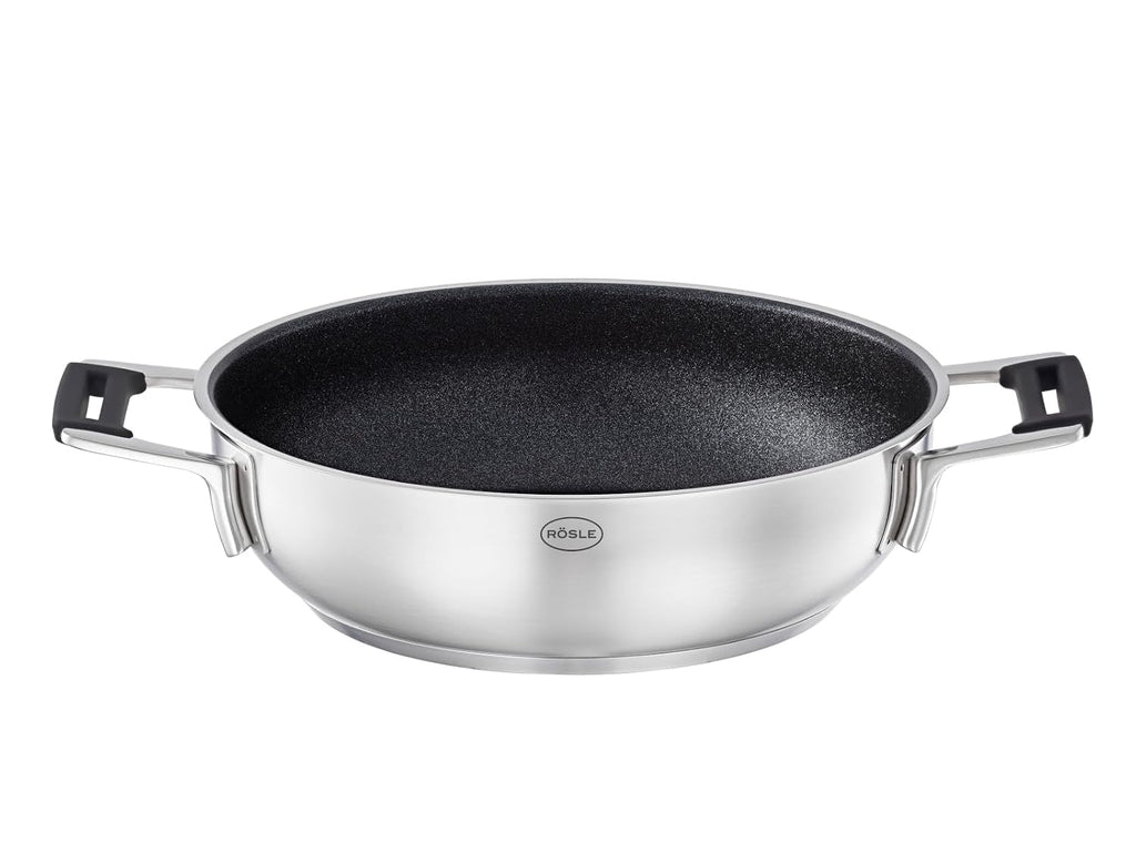 Rösle Silence Pro Serving Pan, Pan with Scratch-Resistant Premium Non-Stick Coating, ProResist, Silicone Handles, 24 cm, 18/10 Stainless Steel, Suitable for Induction, Dishwasher Safe, Silver/Black