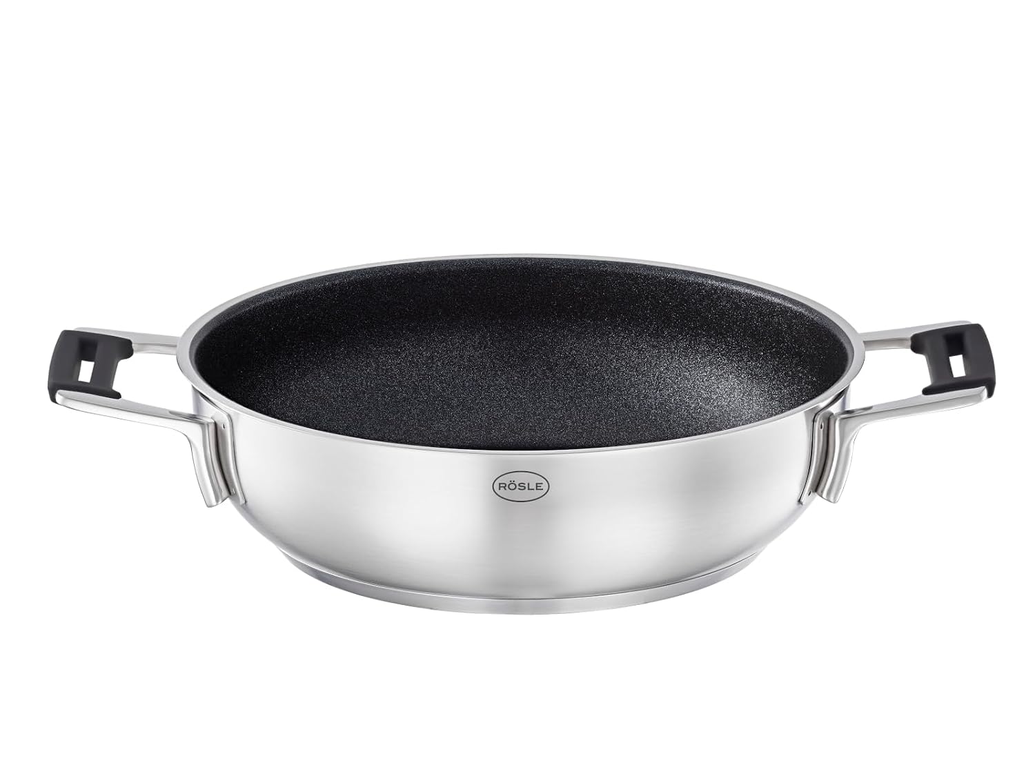 Rösle Silence Pro Serving Pan, Pan with Scratch-Resistant Premium Non-Stick Coating, ProResist, Silicone Handles, 24 cm, 18/10 Stainless Steel, Suitable for Induction, Dishwasher Safe, Silver/Black