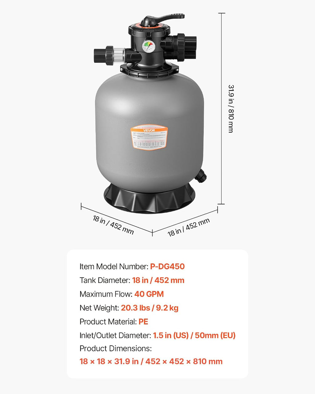 VEVOR Sand Filter, 18-Inch, 40 GPM Above Inground Swimming Pool Sand Filter System, with 7-Way Multi-Port Valve, Backwash, Rinse, Recirculate, Waste, Winter, Closed Modes, for Above In Ground Pools