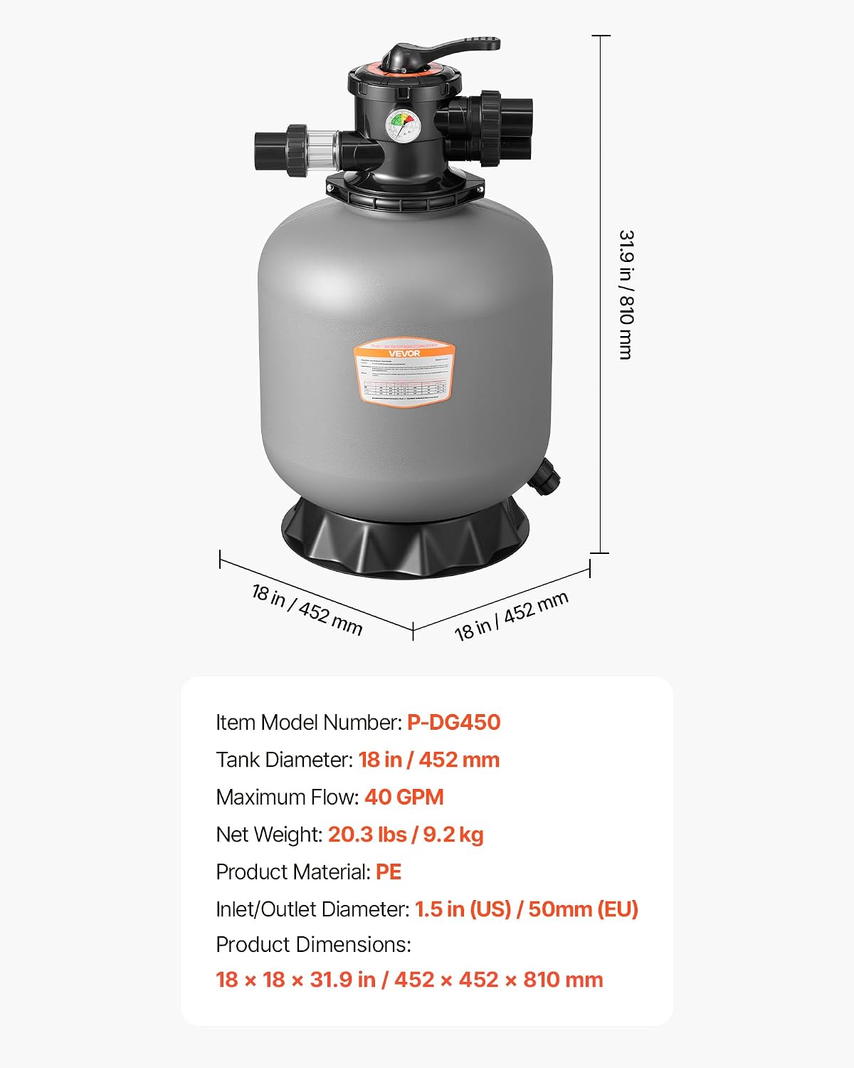 VEVOR Sand Filter, 18-Inch, 40 GPM Above Inground Swimming Pool Sand Filter System, with 7-Way Multi-Port Valve, Backwash, Rinse, Recirculate, Waste, Winter, Closed Modes, for Above In Ground Pools