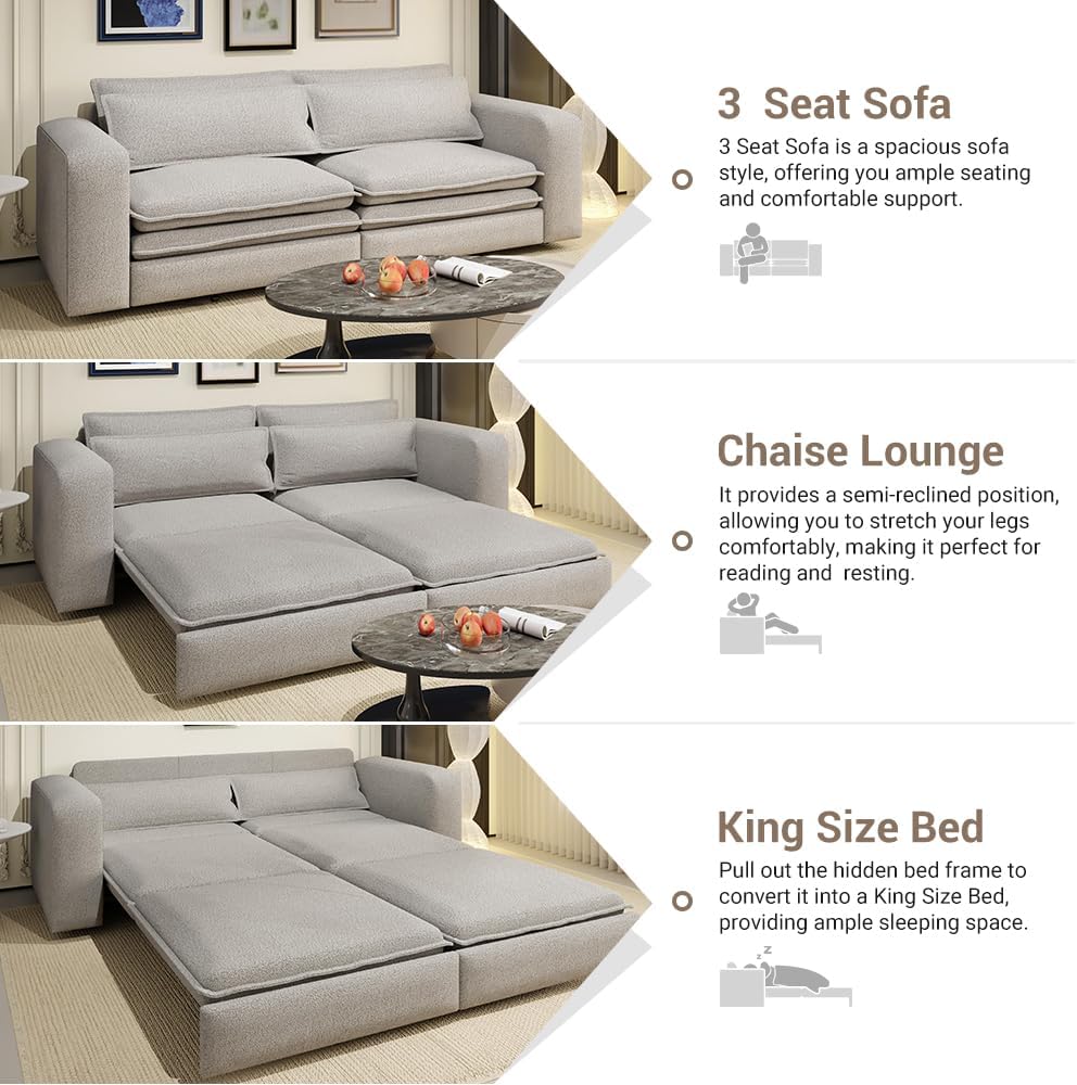 Eafurn 3 in 1 Convertible Pull Out Sleeper Sofa Couch Bed King Size,93' Oversized Recliner Loveseat Chaise Lounge Sofabed Daybed with Thickness Cushions for Living Room Office