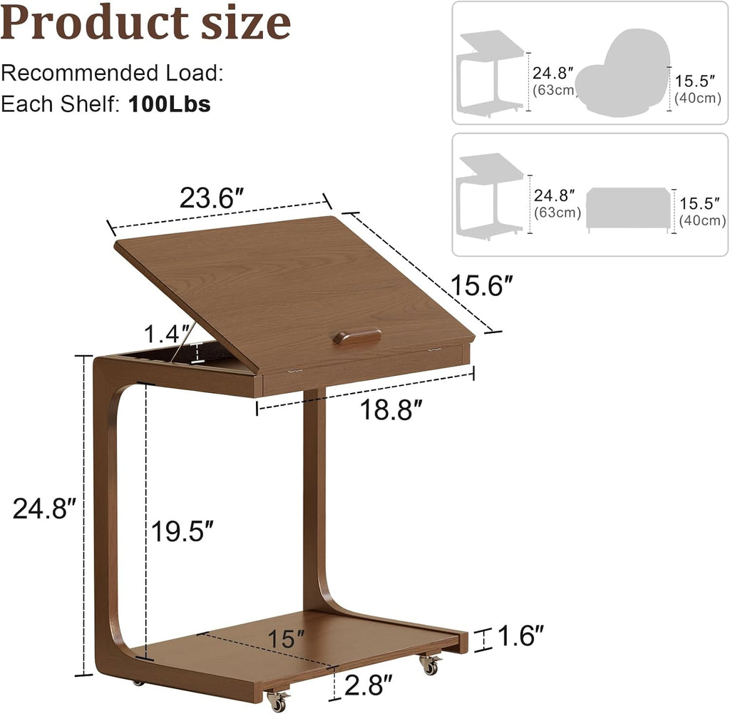 AQIMUELE Wooden C-Shaped End Table,Couch Table with Adjustable Desktop,Small Rolling Side Table with 2 Lockable Wheels 23.6' Width,Small End Table for Couch, Living Room,Bedroom (Walnut)
