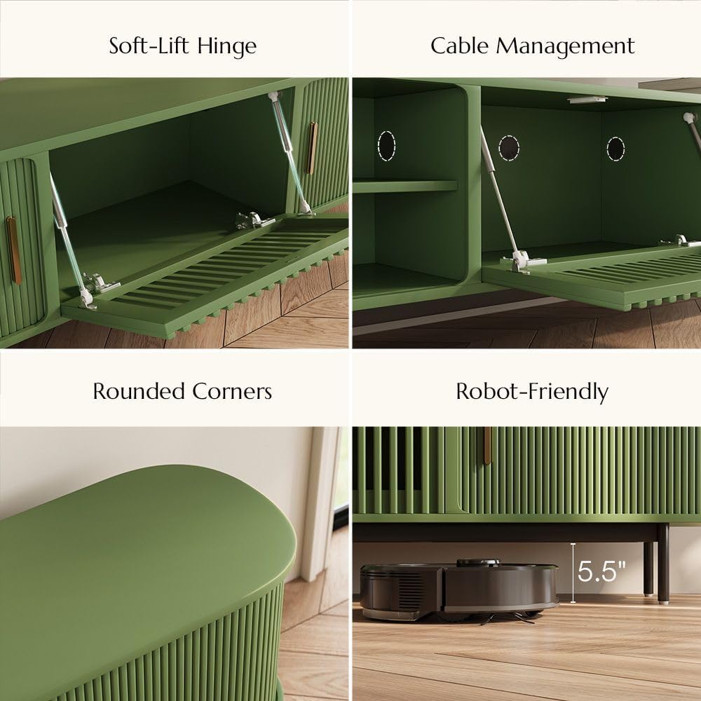POVISON Fully-Assembled Modern Green TV Stand with Tambour Doors, Fluted TV Media Console for 85 Inch TVs, Sliding Door Entertainment Center with Storage for Living Room (Green, 94.49')