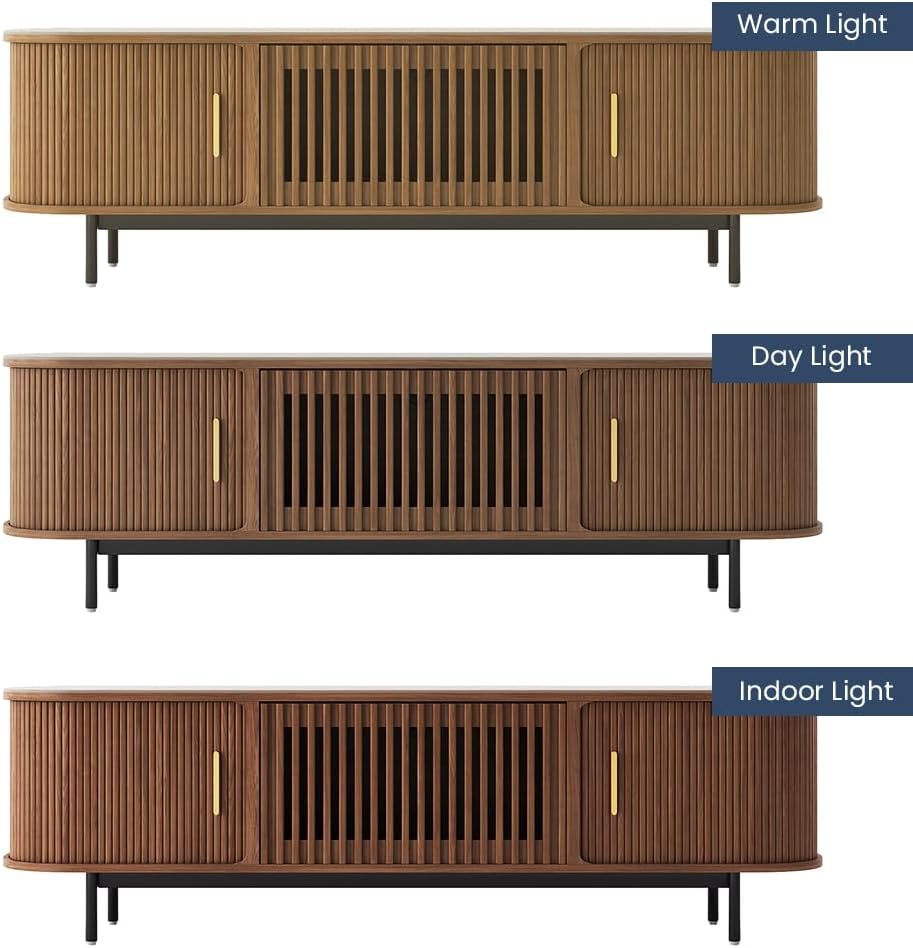 POVISON Fully-Assembled Sliding Tambour Door TV Stand, Mid Century Modern Sintered Stone TV Console, Wood Media Console for 70 Inch TV, Entertainment Center with Storage Cabinet(Walnut, 70.87')