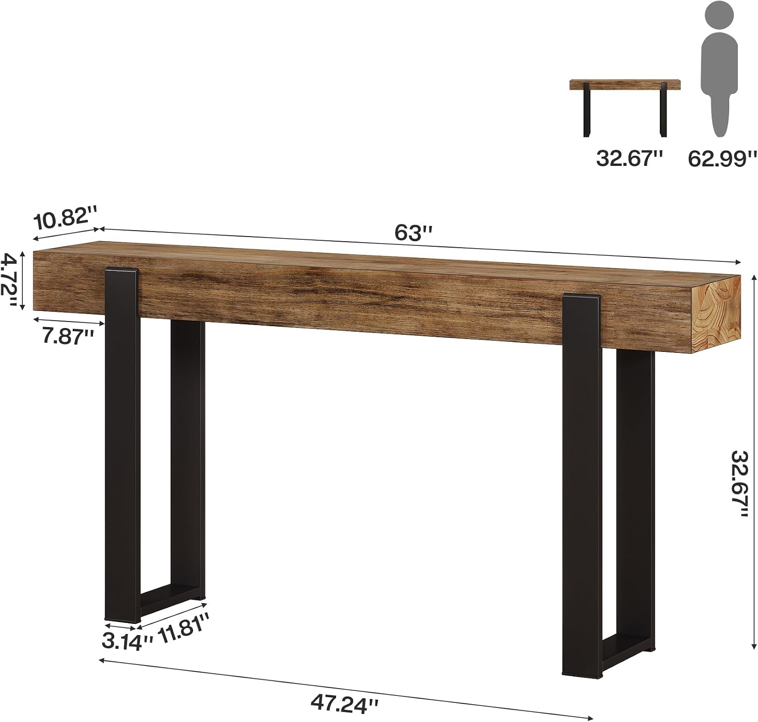 Tribesigns 63-Inch Long Console Table, Solid Wood Sofa Table Behind The Couch with Metal Support, Farmhouse Entryway Furniture for Entrance, Hallway, Living Room, Rustic Brown & Black