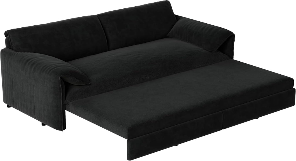66'' Velvet Queen Size Pull Out Sofa Bed, 3-in-1 Convertible Loveseat Sleeper Sofa with Armrest for Living Room, Apartment, Space Saving, Black