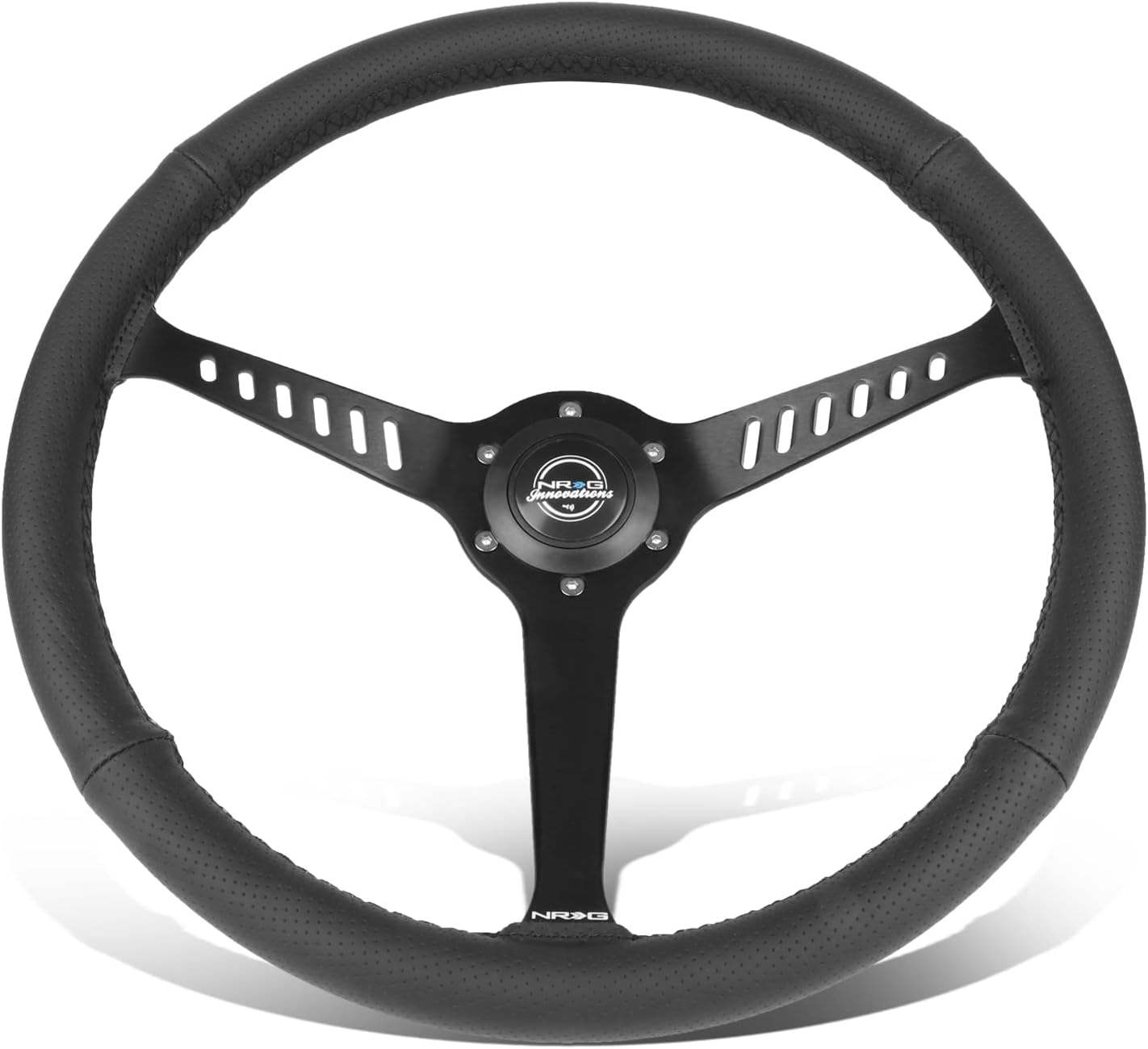 NRG Innovations NRG-RST-380STL-B Reinforced Classic Stealth Wheel, 380mm, 3 Spoke Center with Diagnal Slits, 1' Deep Dish with Perforated Leather and Black Stitching