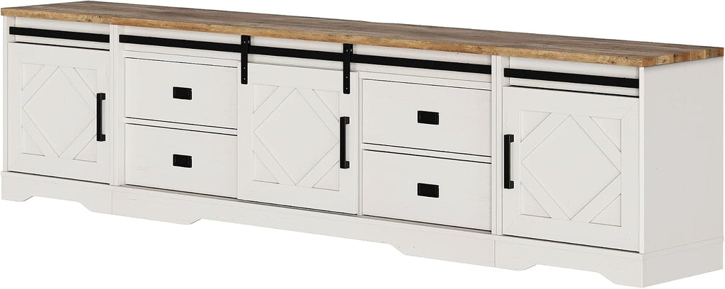 WAMPAT 3-in-1 Modern Farmhouse TV Stand for TVs up to 110',Large Wood Entertainment Center with 4 Drawers and Storage Cabinet for Living Room,Wood Grain Engraving Purposeful Distressing,Antique White