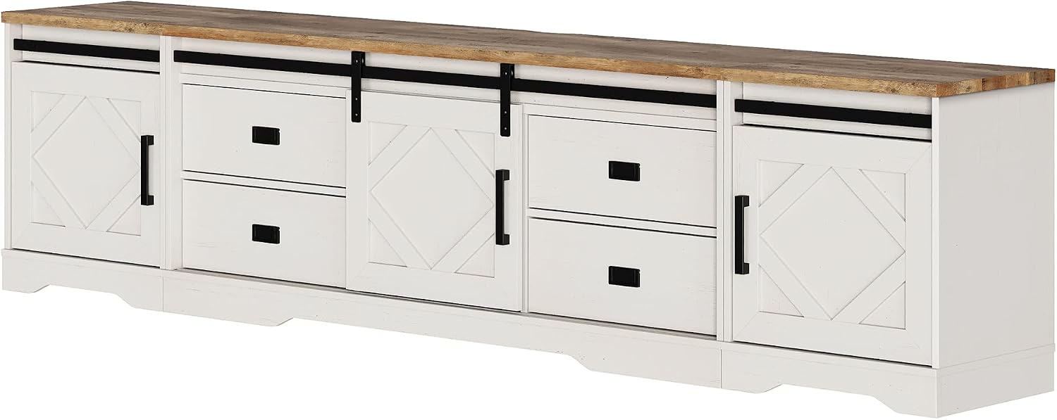 WAMPAT 3-in-1 Modern Farmhouse TV Stand for TVs up to 110',Large Wood Entertainment Center with 4 Drawers and Storage Cabinet for Living Room,Wood Grain Engraving Purposeful Distressing,Antique White