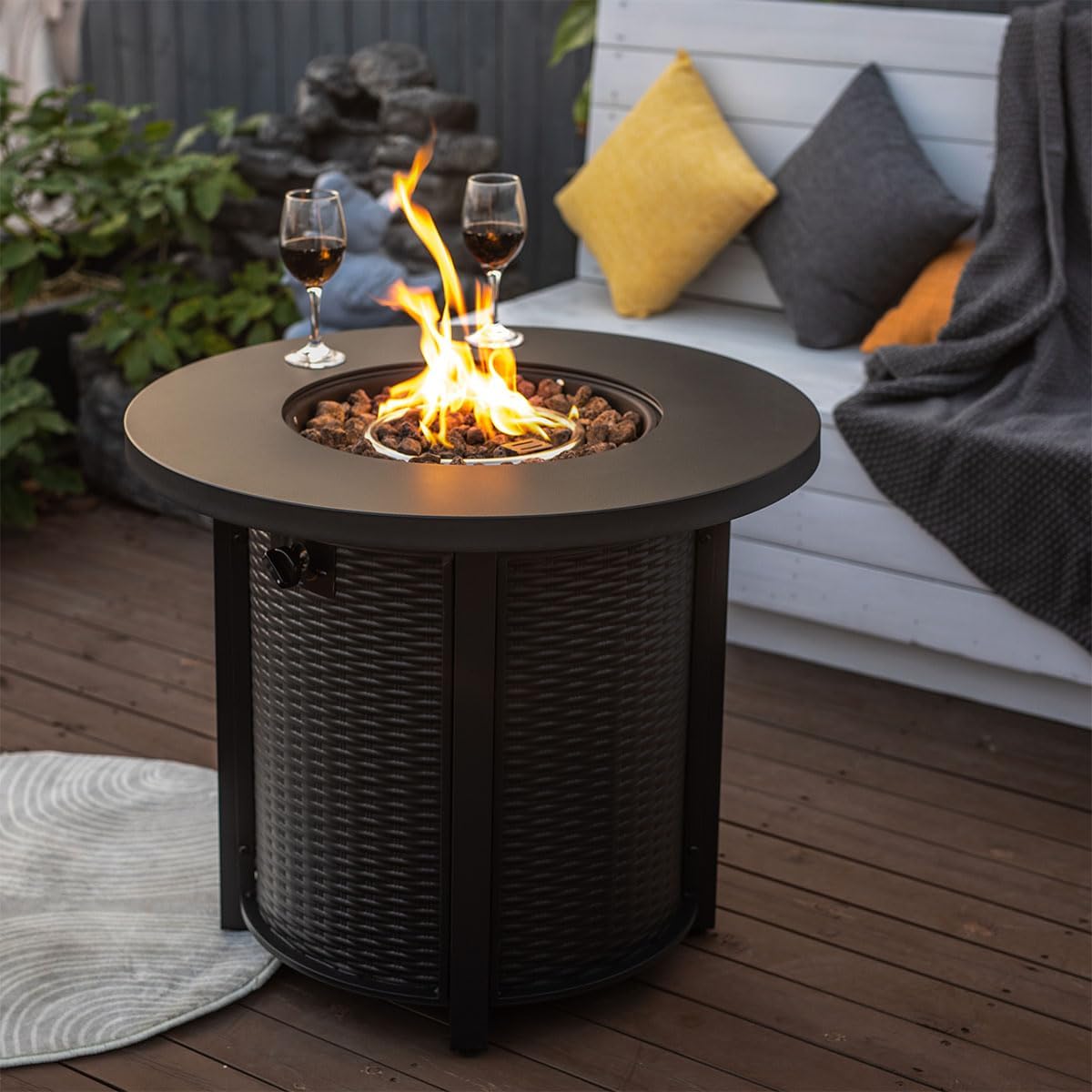 30'' Round Propane Fire Pit Table, 50,000 BTU Steel Gas FirePit for Outdoor, Fire Table with Lid, Add Warmth & Ambience to Gatherings and Parties On Patio Deck Garden Backyard, Black.