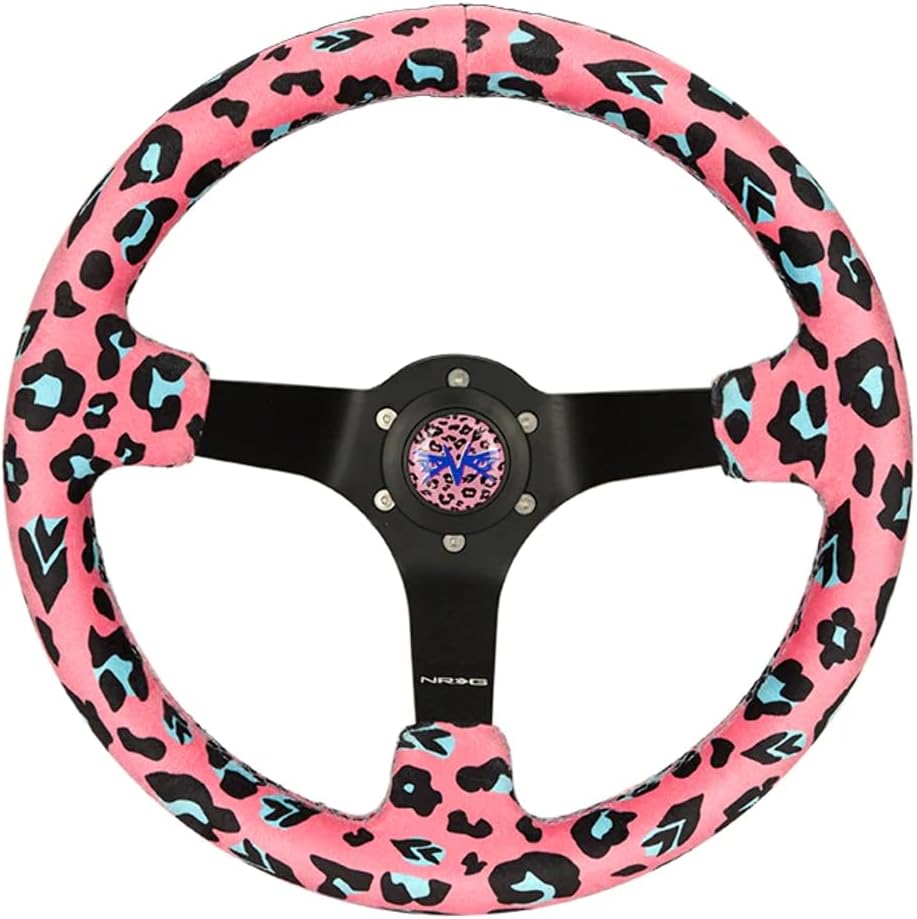 NRG Innovations NRG-RST-036MB-SV-PK Reinforced Sport Steering Wheel 350mm (3' deep) Savage Pink Leopard Printed Micro Fiber Vegan Material with Matte Black Spoke