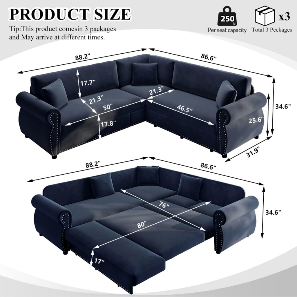 88.2' Sectional Sleeper Sofa with Pull Out Bed - Oversize L-Shaped Convertible Sleeper Couch Bed, Button Tufted Chesterfield Sofa, Chenille Vintage Couches for Living Room/Apartment(4-Seater, Blue)