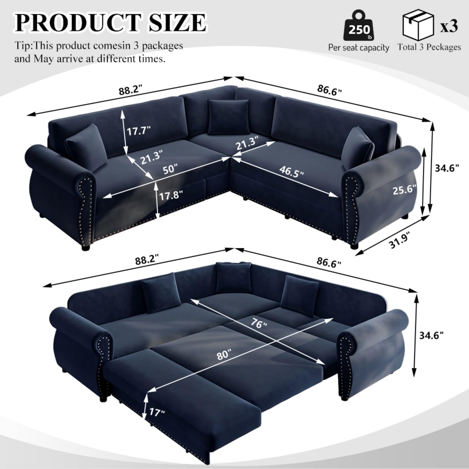 88.2' Sectional Sleeper Sofa with Pull Out Bed - Oversize L-Shaped Convertible Sleeper Couch Bed, Button Tufted Chesterfield Sofa, Chenille Vintage Couches for Living Room/Apartment(4-Seater, Blue)