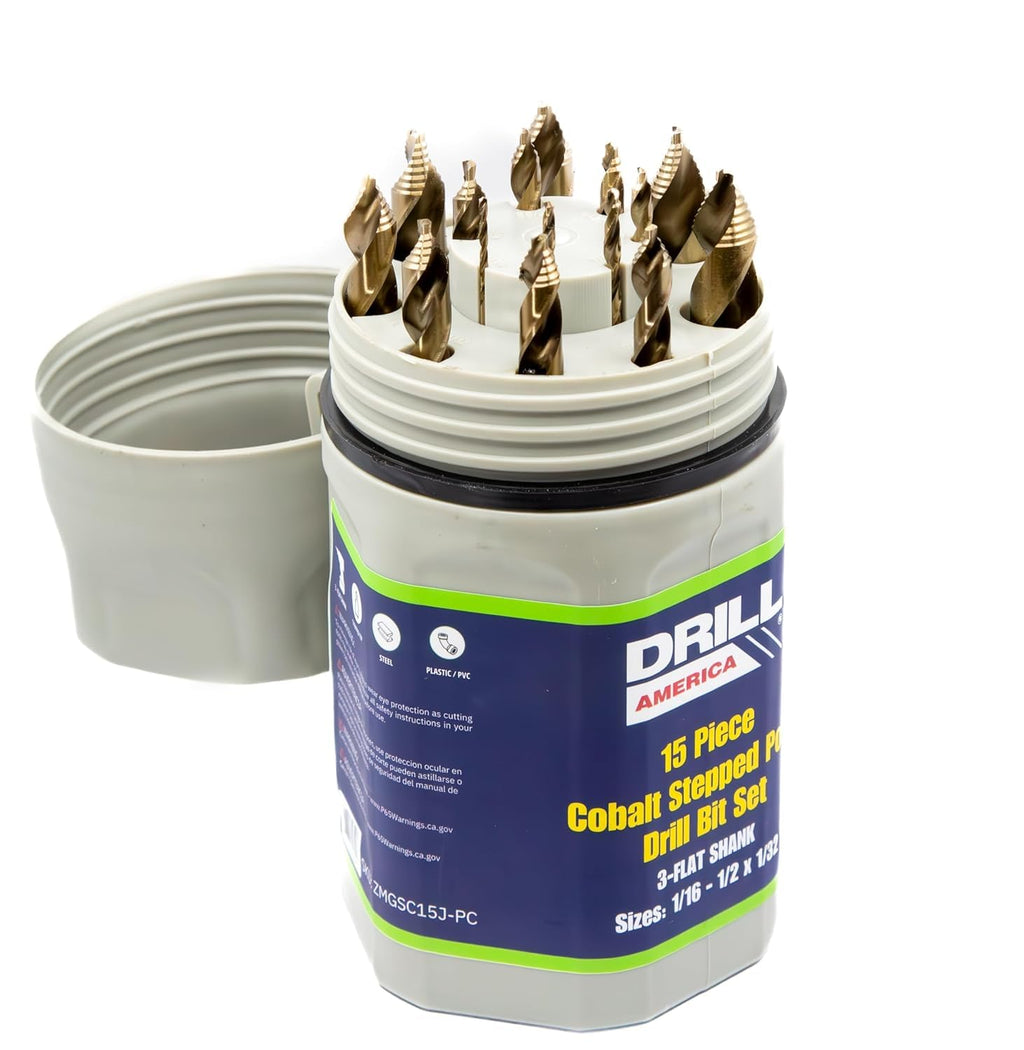 Drill America 15 Piece Cobalt Stepped Point Drill Bit Set in Round Case w/Gold Oxide Finish for Drilling Acrylic, Steel, Hard Metals, Sizes 1/16' to 1/2' x 32nds