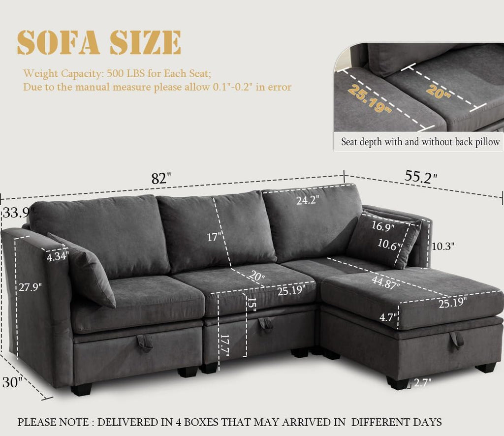 asunflower Modular Sectional Small Couch with Storage Seats, 3 Seater Couch with Ottoman Storage, L Shaped Sectional Sofa for Small Spaces, with Reclining Arms and Backs,Pillows Included, Dark Gray