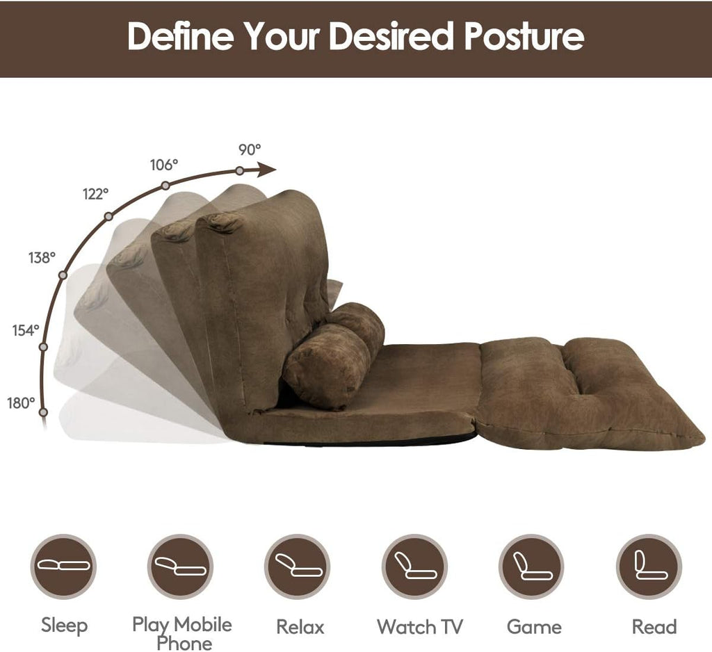 Giantex Adjustable Floor Sofa Couch with 2 Pillows, Multi-Functional 6-Position Foldable Lazy Sofa Sleeper Bed, Multi-Functional Suede Floor Seating Sofa for Reading Gaming (Coffee)