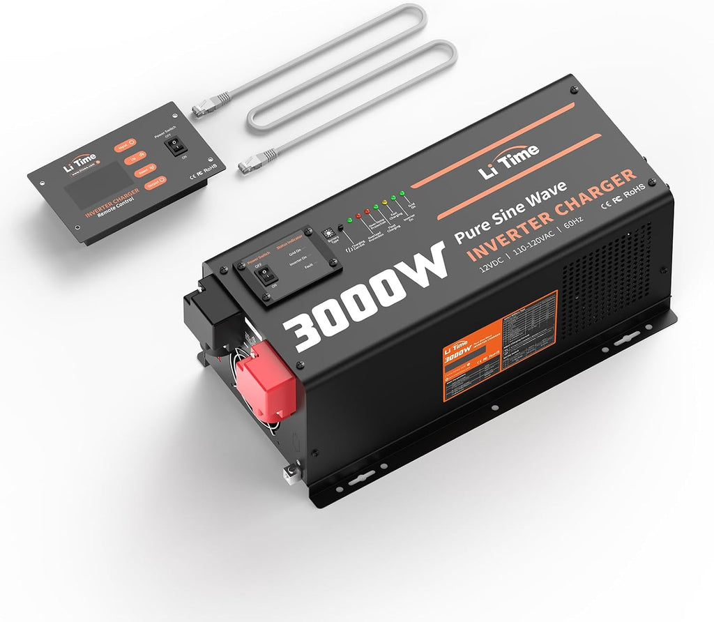 LiTime 3000W Pure Sine Wave Inverter Charger, 12V DC to 110V - 120V AC, 9000W Peak Power, 5A - 45A Adjustable Current, with Remote Control Panel, UPS Function, for RV and Home Backup