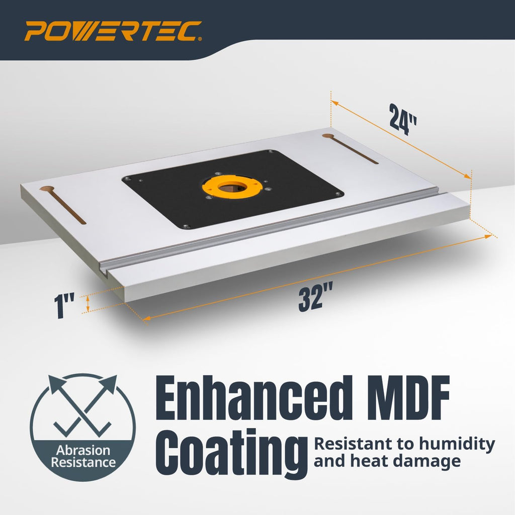 POWERTEC 24' x 32' Benchtop Router Table with Insert Plate – Laminated MDF Surface, Reducer Rings, Leveling Hardware & Starting Pin; Compatible with Bosch, DeWalt, Makita & More (71685)