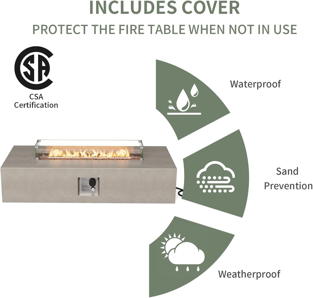 COSIEST 2-Piece Outdoor Propane Fire Table Set, Rectangle Concrete 56' x 28' Gray Fire Pit (Certified, 50,000 BTU) w 20lb Tank Table, Wind Guard, Waterproof Cover for Garden, Porch, Backyard