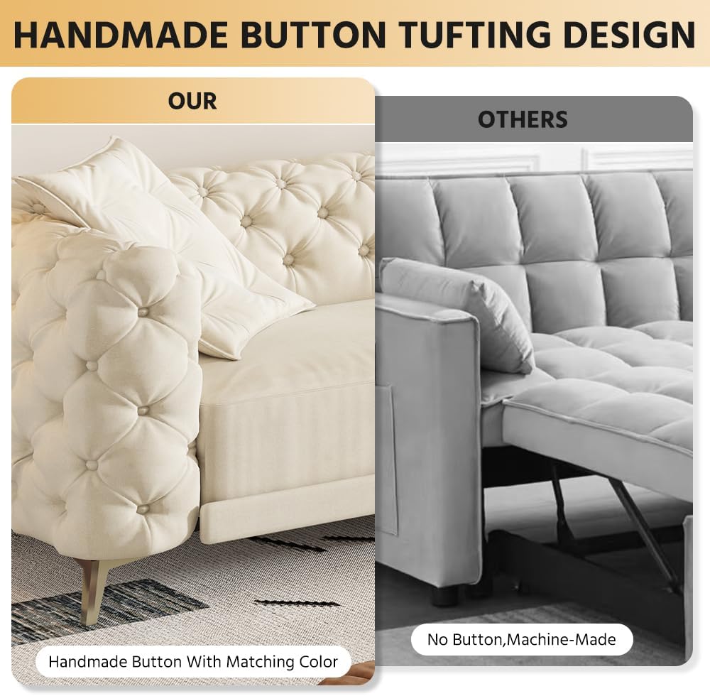97.7' King Size Sleeper Sofa Bed, 3-in-1 Convertible Pull Out Chesterfield Sleeper Couch with Ottoman, Oversized Velvet Button Tufted L Shaped Sofa for Living Room Small Spaces, Beige White